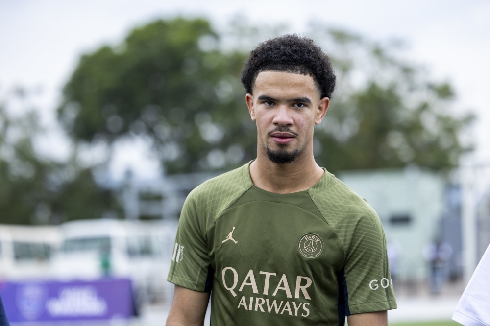 Paris Saint-Germain wonderkid Warren Zaïre-Emery speaks to journalists at Kigali Pele Stadium on Thursday, December 21. PHOTOS BY OLIVIER MUGWIZA