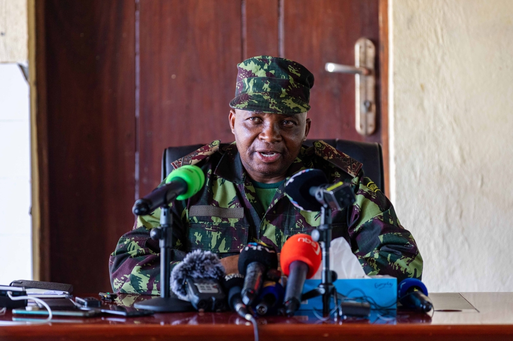 Maj. Gen. Tiago Alberto Nampele, the Army Commander of the Mozambique Armed Defence Forces, speaks to reporters in Mocimboa da Praia on Tuesday, December 18. CHRISTIANNE MURENGERANTWARI