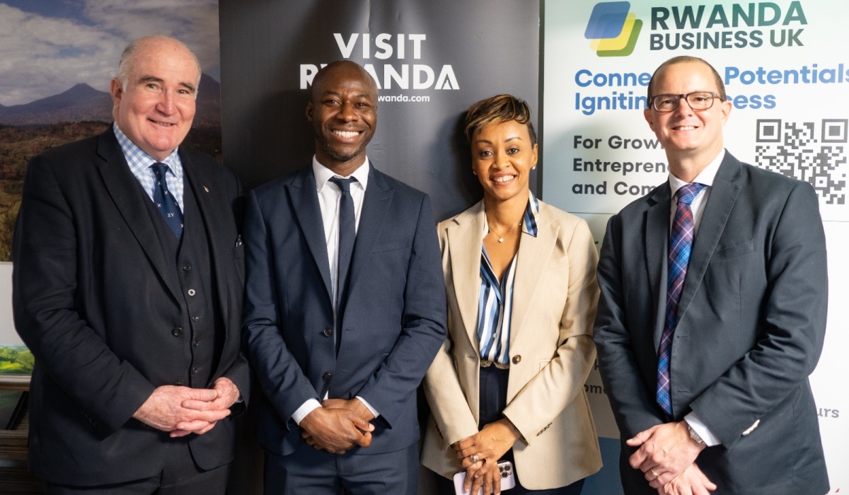 (L-R) Richard Moir, a board member of the London Chamber of Commerce, Isaac Alabi, Operations Director at RB (UK), Michaëlle Kubwimana, Networking Director at RB (UK), and Nicholas Stevens (CEO of NTL Trust) pictured during a networking event organised by Rwanda Business UK this year. Courtesy