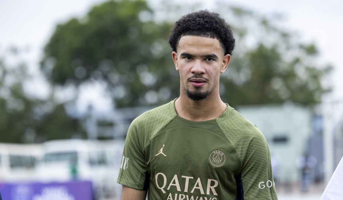 Paris Saint-Germain wonderkid Warren Zaïre-Emery speaks to journalists at Kigali Pele Stadium on Thursday, December 21. PHOTOS BY OLIVIER MUGWIZA