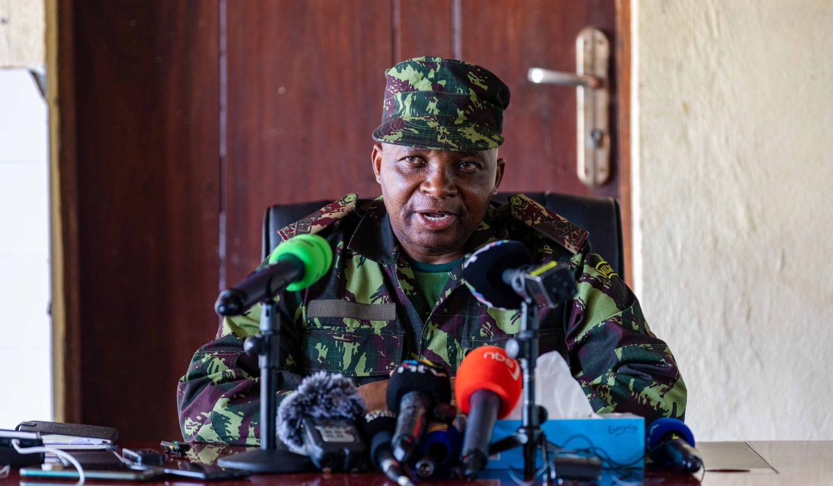 Maj. Gen. Tiago Alberto Nampele, the Army Commander of the Mozambique Armed Defence Forces, speaks to reporters in Mocimboa da Praia on Tuesday, December 18. Christianne Murengerantwari.
