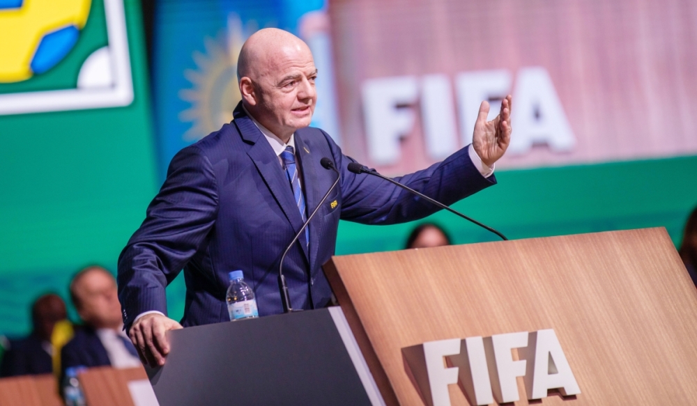 FIFA President Gianni Infantino delivers remarks after his re-election during FIFA Congress in Kigali on Thursday, March 16. Photo by Olivier Mugwiza