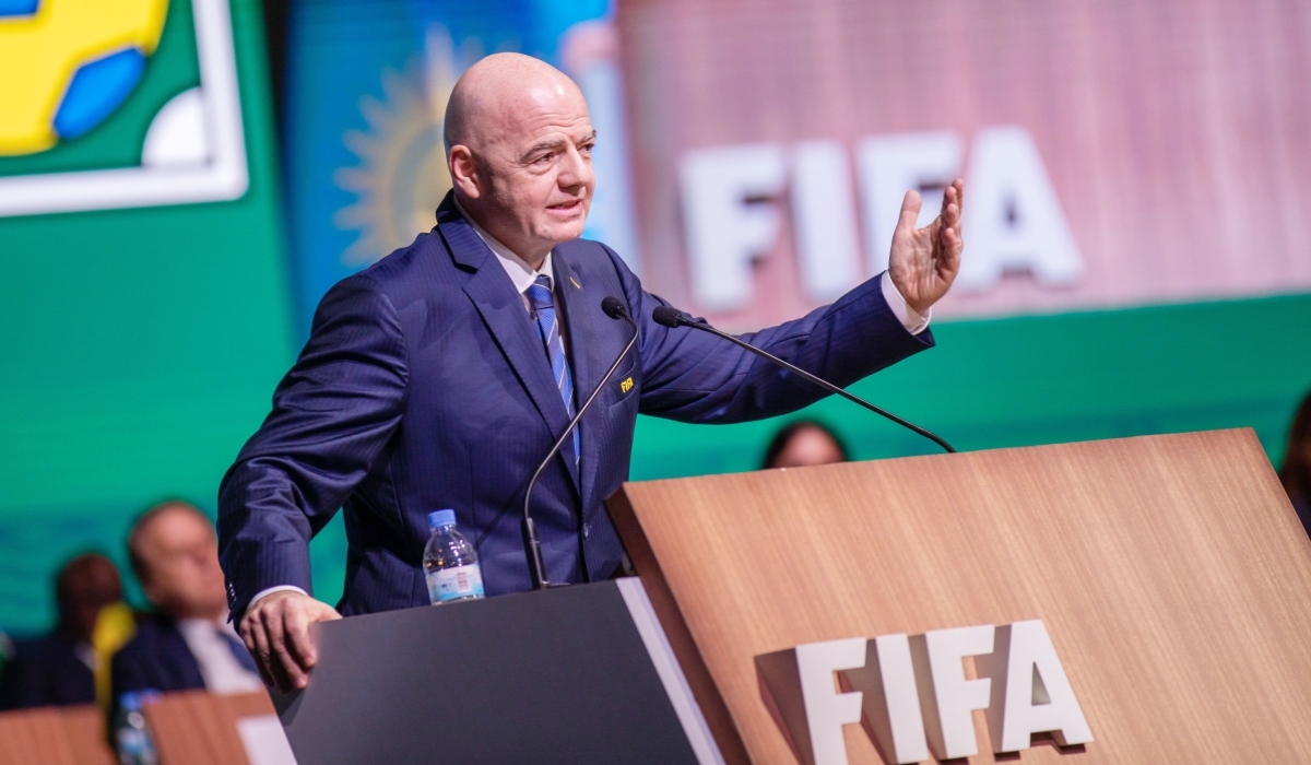 FIFA President Gianni Infantino delivers remarks after his re-election during FIFA Congress in Kigali on Thursday, March 16. Photo by Olivier Mugwiza