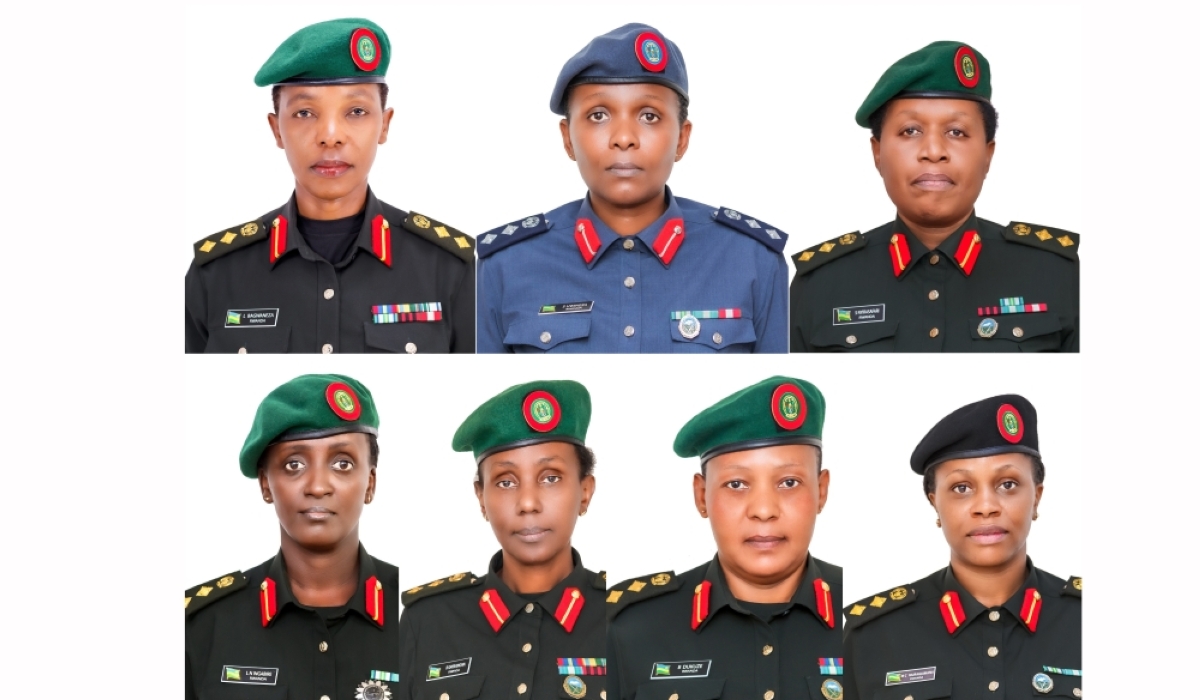 (Top, L-R): Col. Lydia Bagwaneza, Col. Stella Uwineza, and Col. Seraphine Nyirasafari. (Bottom, L-R): Col. Lausanne N. Ingabire, Col. Belina Kayirangwa, Col. Betty Dukuze, and Col. Marie Claire Muragijimana. Courtesy.