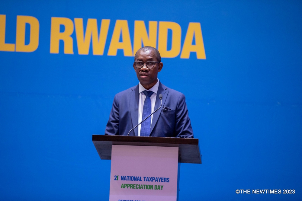 Rwanda Revenue Authority (RRA) Commissioner General, Pascal Bizimana Ruganintwari, delivers remarks during the Taxpayers Appreciation event on Friday, December 22. All photos by Craish Bahizi