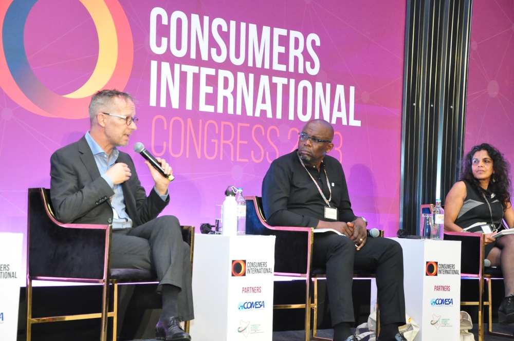 Daudi Sumba, the Regional director of World Wide Fund for Nature (C) with other panelists at the just concluded Consumer International Congress in Nairobi Kenya.Courtesy