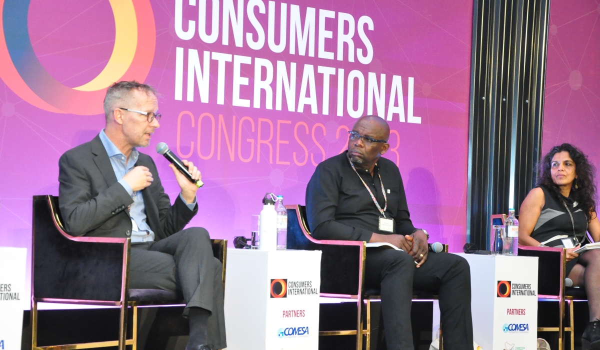 Daudi Sumba, the Regional director of World Wide Fund for Nature (C) with other panelists at the just concluded Consumer International Congress in Nairobi Kenya.Courtesy