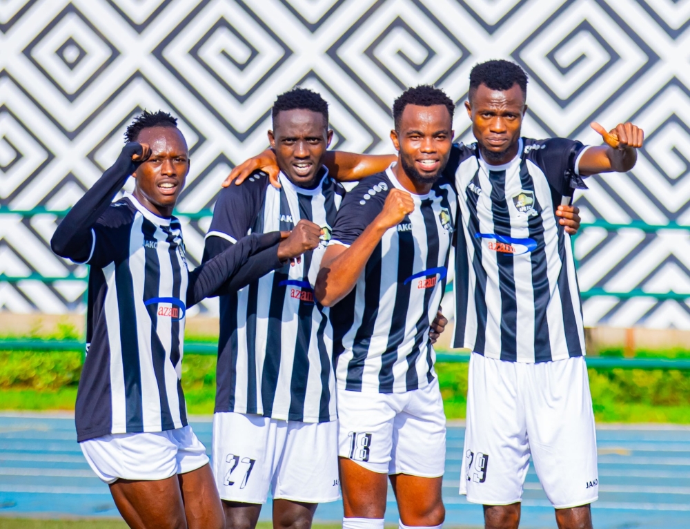 APR FC players celebrate a goal during a league game against Mukura VS in the first round of the 2023-24 Primus National League. Courtesy