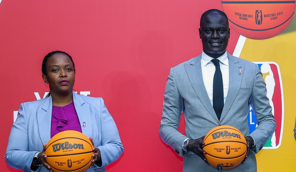 Rwanda’s Clare Akamanzi, the Chief Executive Officer of NBA Africa with BAL president Amadou Gallo Fall.Photo by Olivier Mugwiza