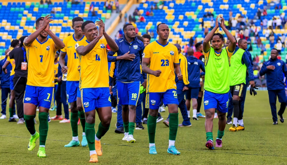 National football team captain Djihad Biziman leads his teammates as they thanked supporters after shocking Bafana Bafana 2-0 at Huye Stadium. Courtesy