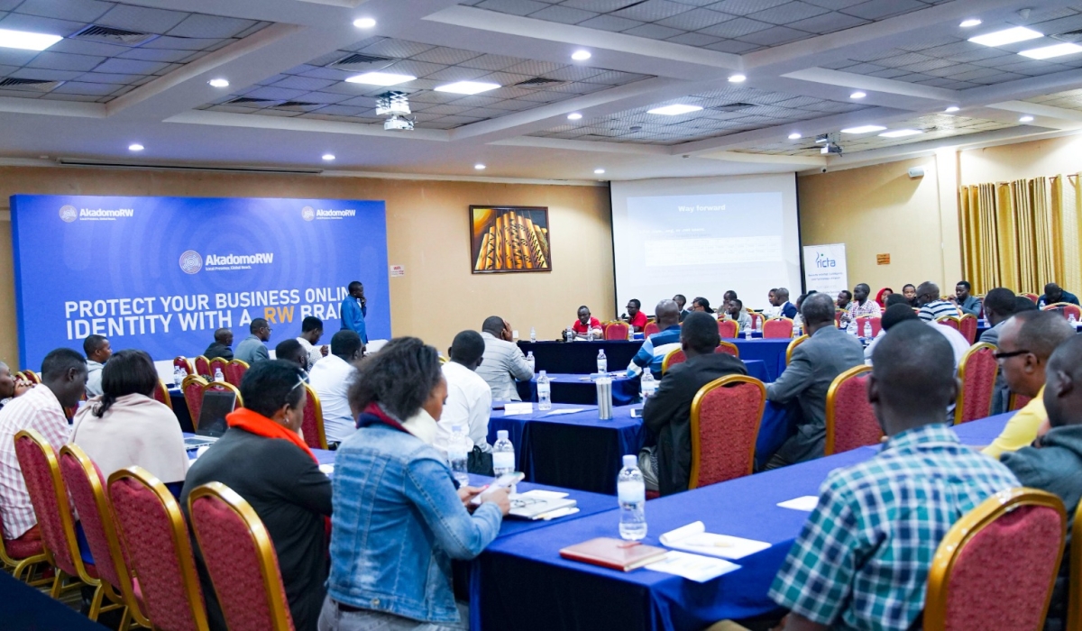 Rwandan business owners being mobilised on the importance of using dot RW domains during an event that took place at Lemigo Hotel on February 23. Courtesy photo