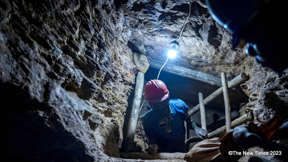 Miners inside a tunnel at Nyamyumba mining site in Rubavu District on November 28, 2023. Photo by Emmanuel Dushimimana. 