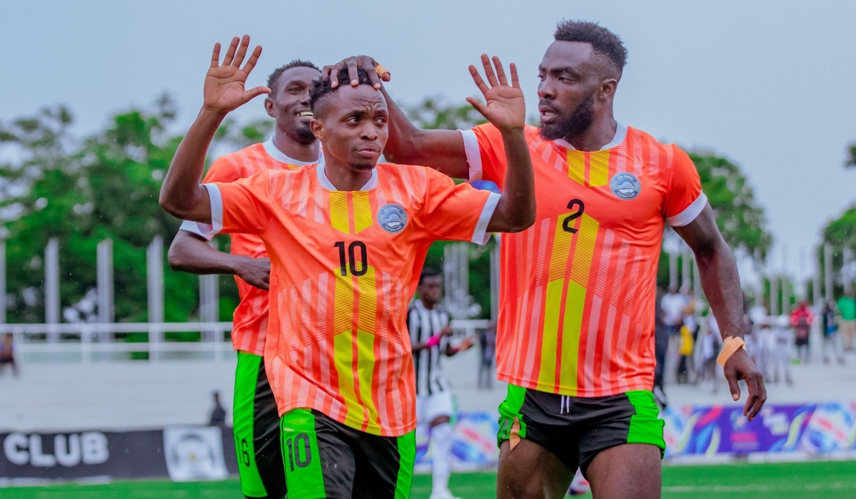 AS Kigali players celebrate a goal during a past game against APR FC at Kigali Pele Stadium. Courtesy