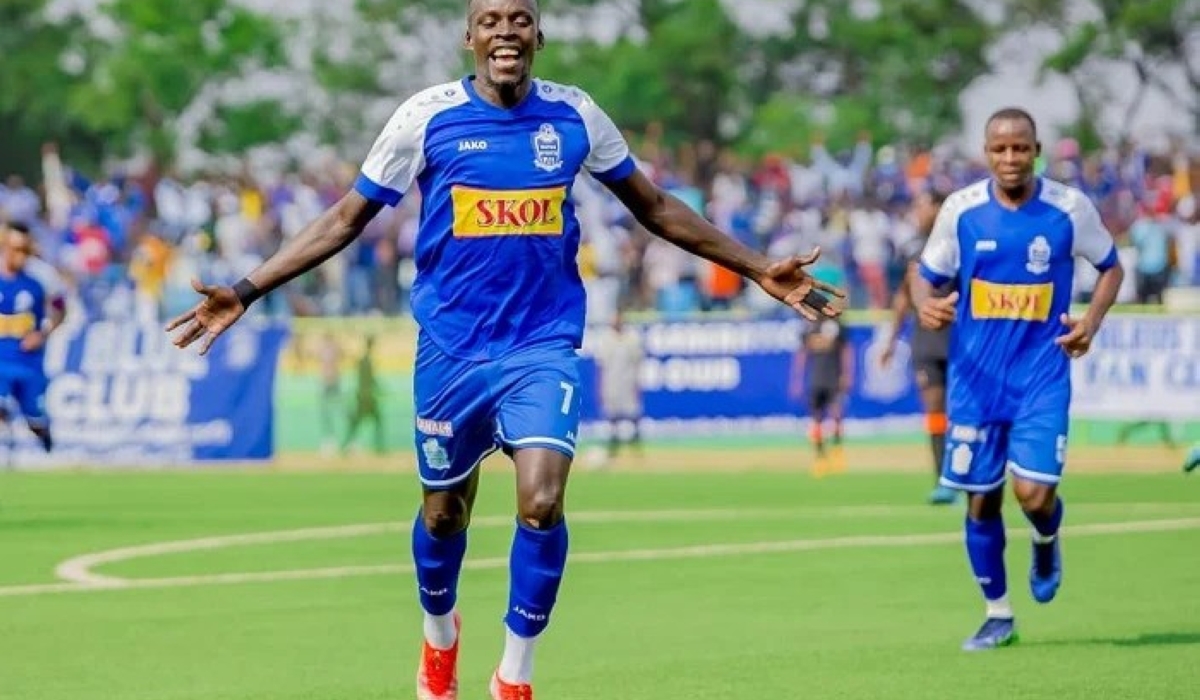Rayon Sports striker Musa Esenu celebrates a goal during a past game against Gasogi United. The Blues have parted ways with the Ugandan striker. Courtesy