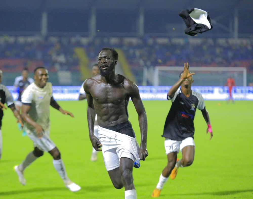APR FC's Sharaf Eldin Shiboub and teammates celebrating the third goal as they stunned Tanzania’s Young Africans 3-1 in the quarter-final encounter held at Amaan Stadium, Zanzibar, on Sunday. Courtesy