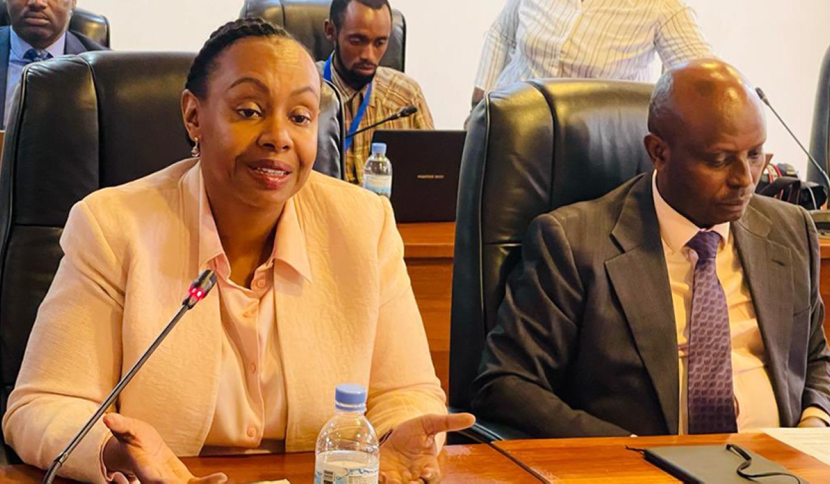 Rwanda Mines, Petroleum and Gas Board CEO, Yamina Karitanyi, speaks to members of the Lower House’s Committee on Political Affairs and Gender, as Innocent Safari, the Board’s Chief Finance Officer, looks on, on Wednesday, January 10. Karitanyi was responding to questions on issues highlighted in the Office of the Ombudsman’s report for the fiscal year 2022/2023. Photo: Emmanuel Ntirenganya.