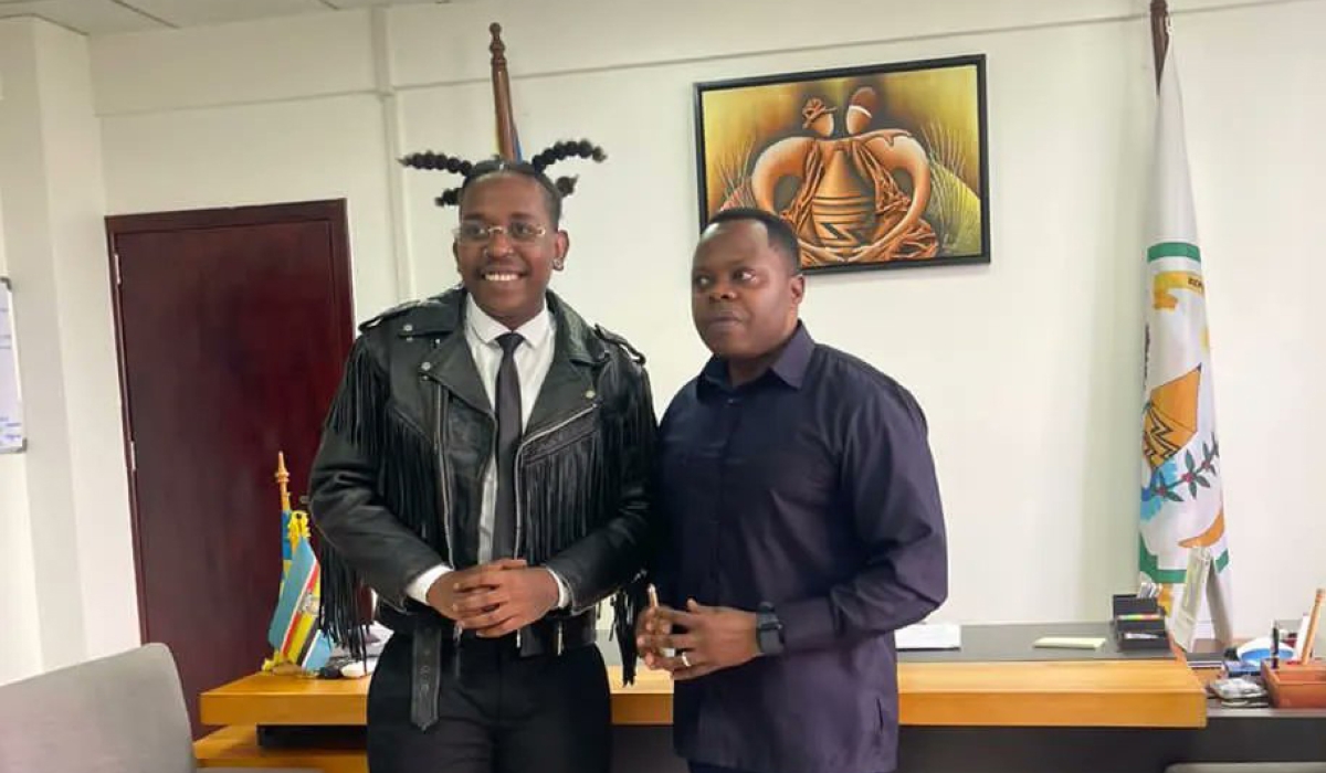 Abdallah Utumatwishima, the Minister of Youth and Arts met with famed rapper Bushali real name Jean Paul Hagenimana, in his office on January 12. COURTESY