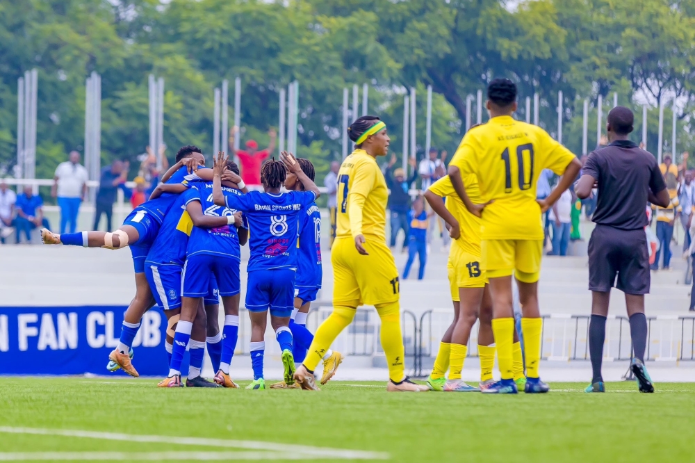 Rayon Sports WFC players celebrate during a 2-1 league match against AS Kigali at Kigali Pele Stadium on Saturday, January 13. Courtesy