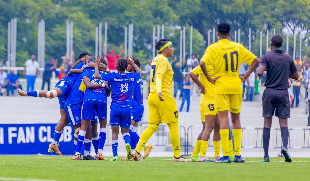 Rayon Sports WFC players celebrate during a 2-1 league match against AS Kigali at Kigali Pele Stadium on Saturday, January 13. Courtesy
