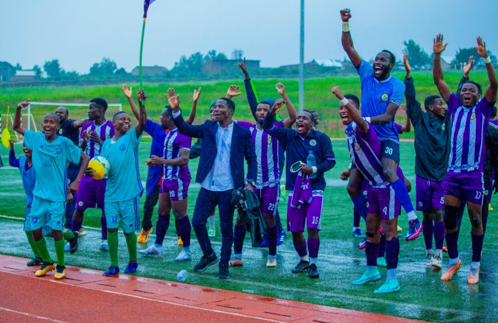 Sunrise FC players and coach celebrate after  beating Police FC  2-1  Nyagatare Stadium on Sunday, January 14.courtesy