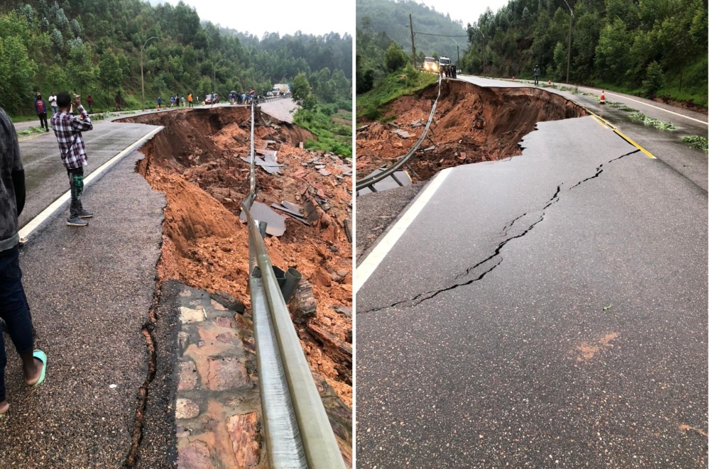A section of Huye–Nyamagabe road that was damaged by heavy rains in Kigoma sector of Huye district on Monday, January 15. Courtesy