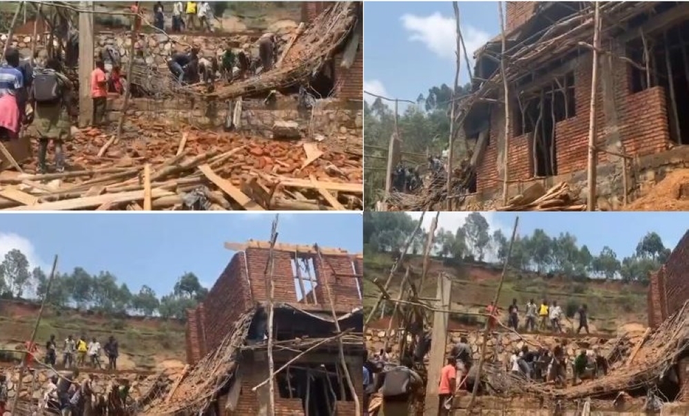 Workers searching for victims after a wall collapsed at a construction site in Nyamasheke District on Tuesday, January 16. Courtesy