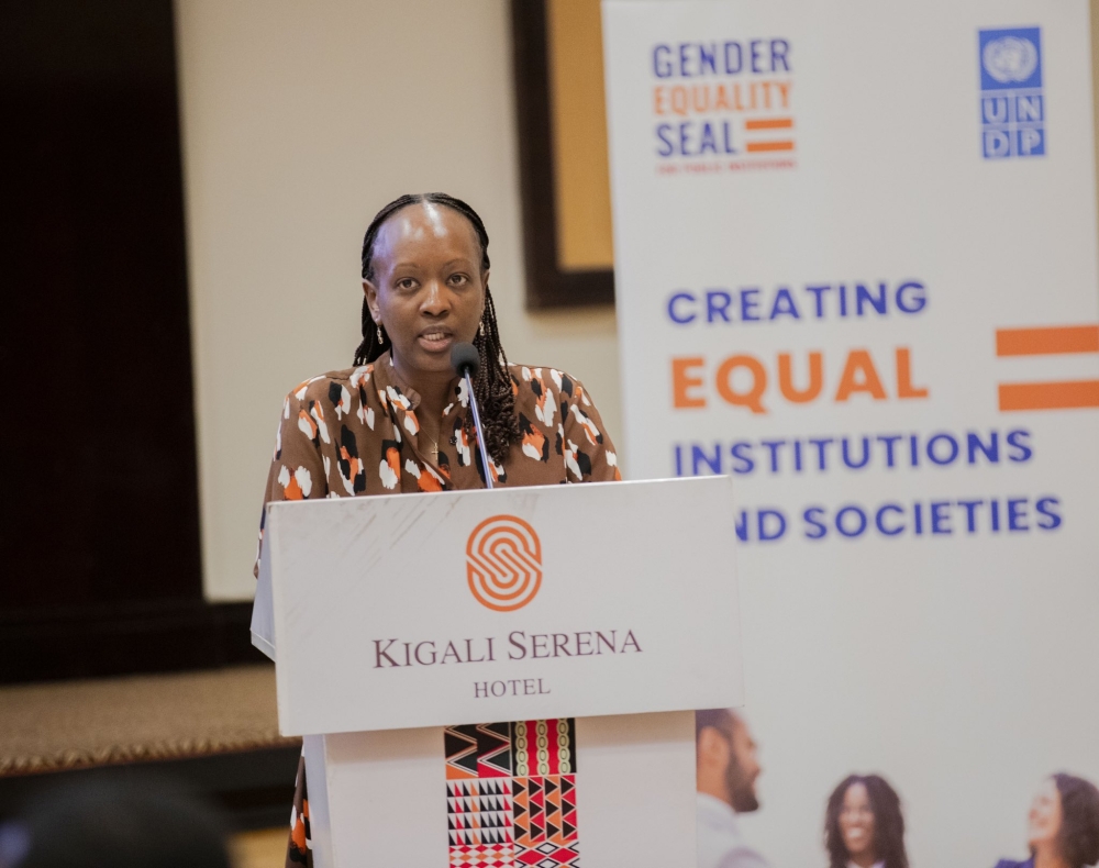 Nadine Umutoni Gatsinzi, the Chief Gender Monitor at GMO delivers remarks during the launch on Monday, January 16. Courtesy