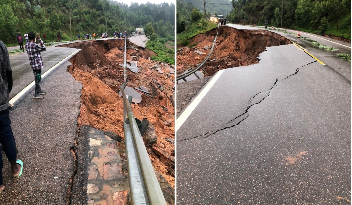 A section of Huye–Nyamagabe road that was damaged by heavy rains in Kigoma sector of Huye district on Monday, January 15. Courtesy