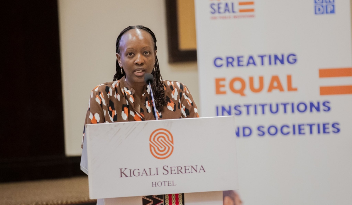 Nadine Umutoni Gatsinzi, the Chief Gender Monitor at GMO delivers remarks during the launch on Monday, January 16. Courtesy