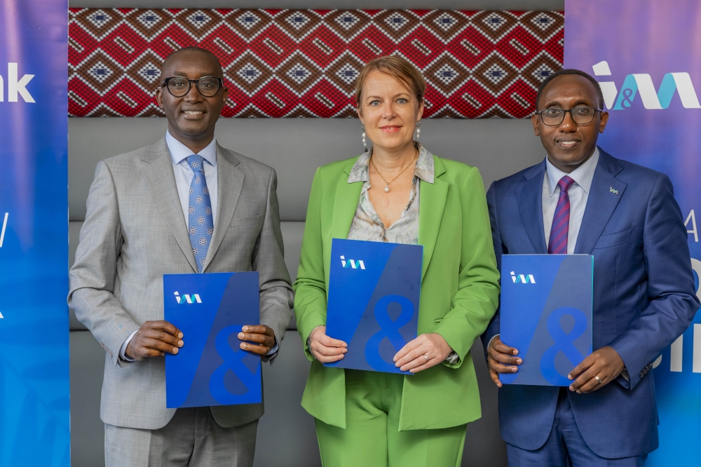 Access to Finance Rwanda (AFR) CEO Jean Bosco Iyacu, the Head of Development Cooperation at the Embassy of Sweden, Martina Fors Mohlin and I&M Bank CEO Benjamin Mutimura during the event. Courtesy photos.