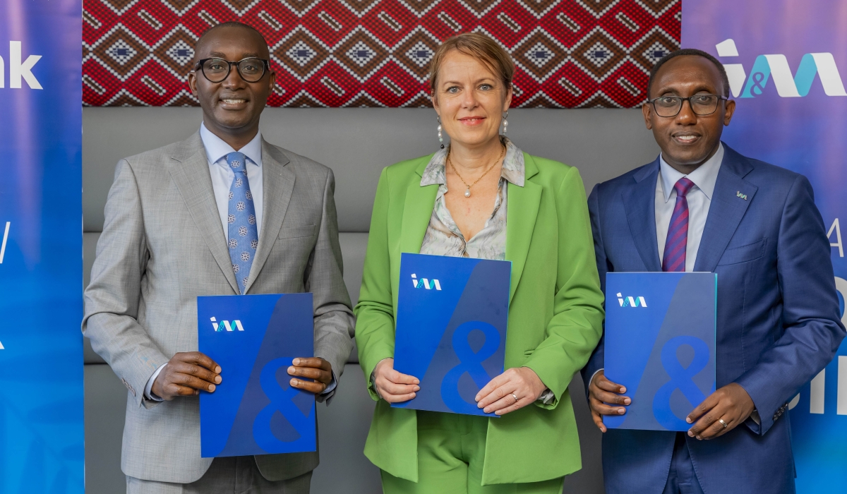 Access to Finance Rwanda (AFR) CEO Jean Bosco Iyacu, the Head of Development Cooperation at the Embassy of Sweden, Martina Fors Mohlin and I&M Bank CEO Benjamin Mutimura during the event. Courtesy photos.