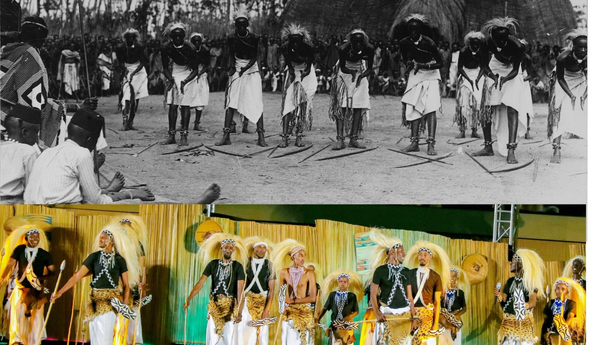 Inkwaya, Chief Rwubusisi’s troupe performs in the presence of the King and his children in 1918. EP.0.0.6155, collection RMCA Tervuren;
photo E. Gourdinne, 1918 and Ibihame by’Imana during a past performance.
