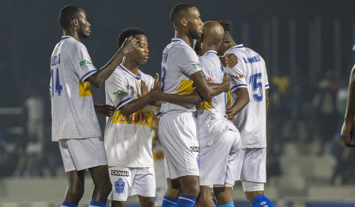 Rayon Sports players celebrate a 4-0 victory over  Interforce in the first leg of the Peace Cup quarterfinals at Kigali Pele Stadium on Tuesday, January 16. PHOTOS BY CRAISH BAHIZI