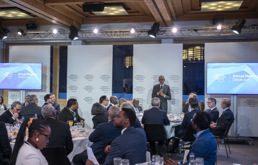 President Kagame speaks to delegates on Wednesday, January 17, at a round table on mobilising global business to support the implementation of the AfCFTA, one of the side events during the World Economic Forum (WEF) in Davos, Switzerland. Photo: Village Urugwiro