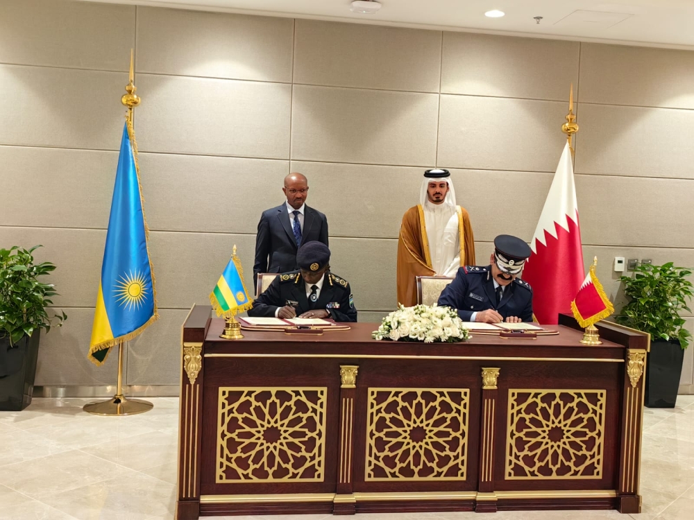 On Wednesday, January 17, Minister of Interior Alfred Gasana and Sheikh Khalifa bin Hamad bin Khalifa Al-Thani, the Minister of Interior and Commander of Lekhwiya Force of Qatar, oversaw the signing of a Memorandum of Understanding between the Inspector General of Police Felix Namuhoranye and the Director-General of Public Security of Qatar, Maj Gen Abdullah bin Mohammed Al Suwaidi, to formalize partnership on security between institutions under their portfolio.