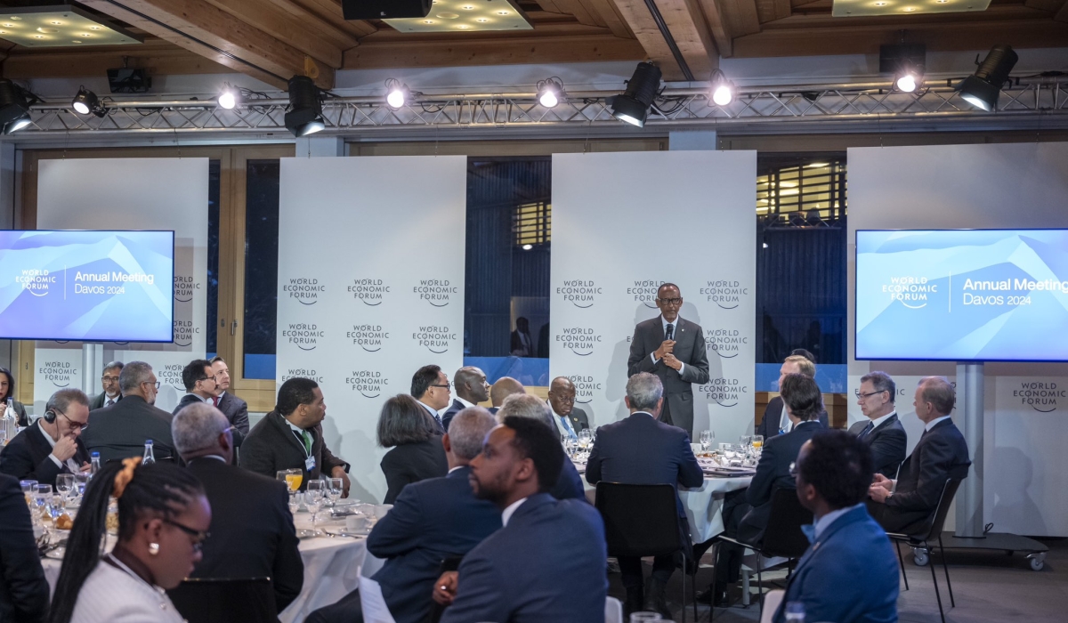 President Kagame speaks to delegates on Wednesday, January 17, at a round table on mobilising global business to support the implementation of the AfCFTA, one of the side events during the World Economic Forum (WEF) in Davos, Switzerland. Photo: Village Urugwiro
