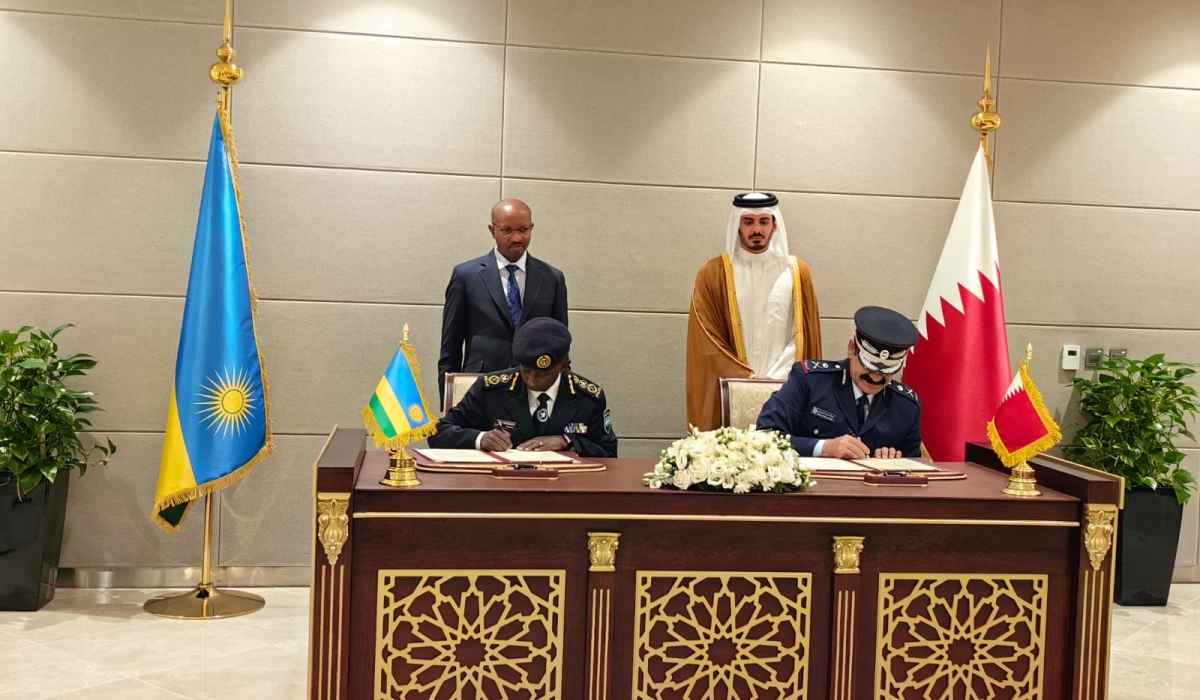 On Wednesday, January 17, Minister of Interior Alfred Gasana and Sheikh Khalifa bin Hamad bin Khalifa Al-Thani, the Minister of Interior and Commander of Lekhwiya Force of Qatar, oversaw the signing of a Memorandum of Understanding between the Inspector General of Police Felix Namuhoranye and the Director-General of Public Security of Qatar, Maj Gen Abdullah bin Mohammed Al Suwaidi, to formalize partnership on security between institutions under their portfolio.