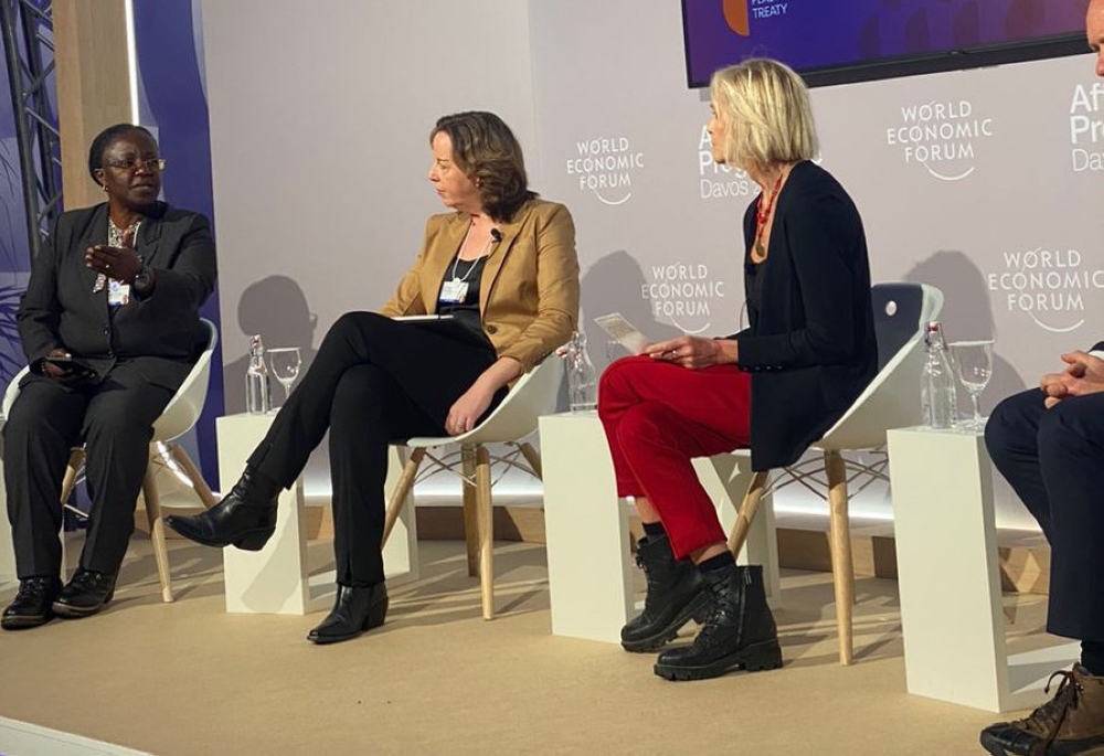 Jeanne d&#039;Arc Mujawamariya, Rwanda’s Minister of Environment (left), speaks about ending plastic pollution at a side event at the World Economic Forum in Davos on January 18.
