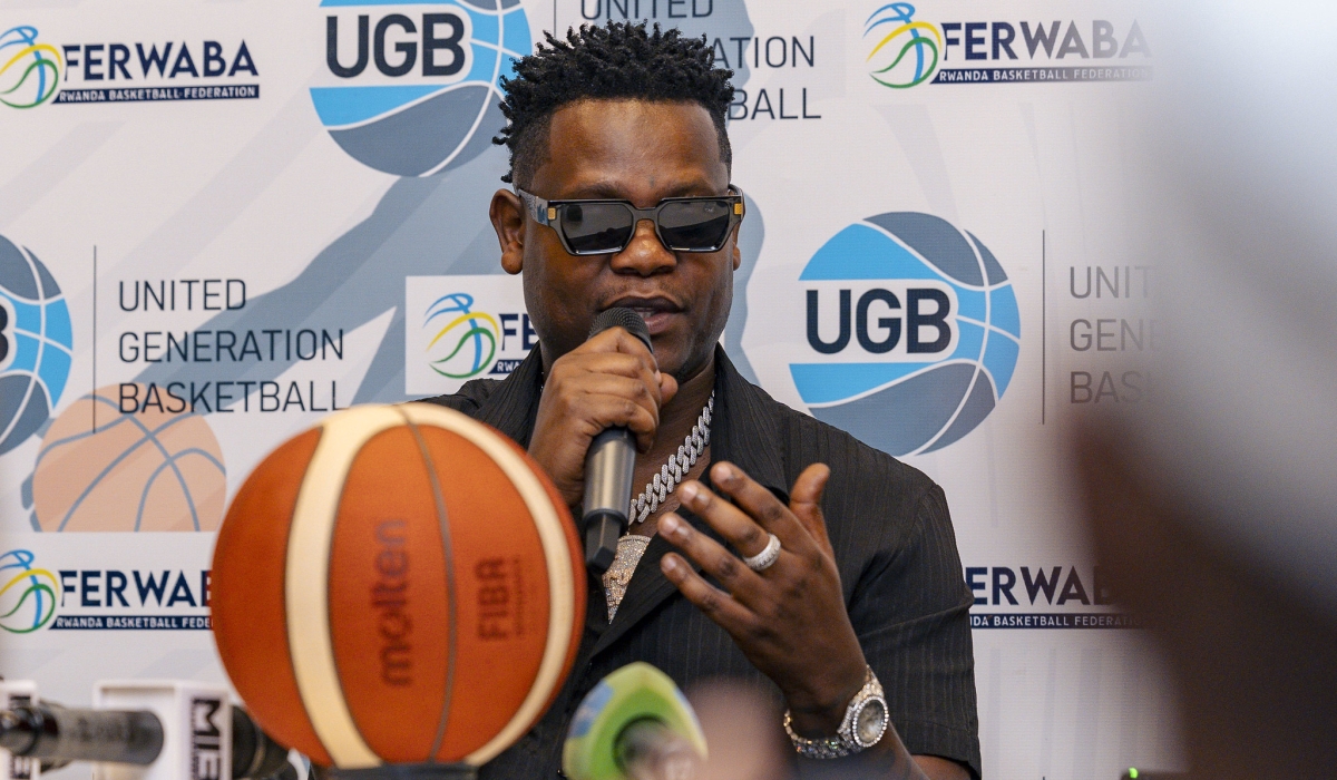 Bruce Melodie addresses members of the press during a media briefing to launch his partnership with local basketball side UGB at BK Arena on Friday, January 19. Christianne Murengerantwari