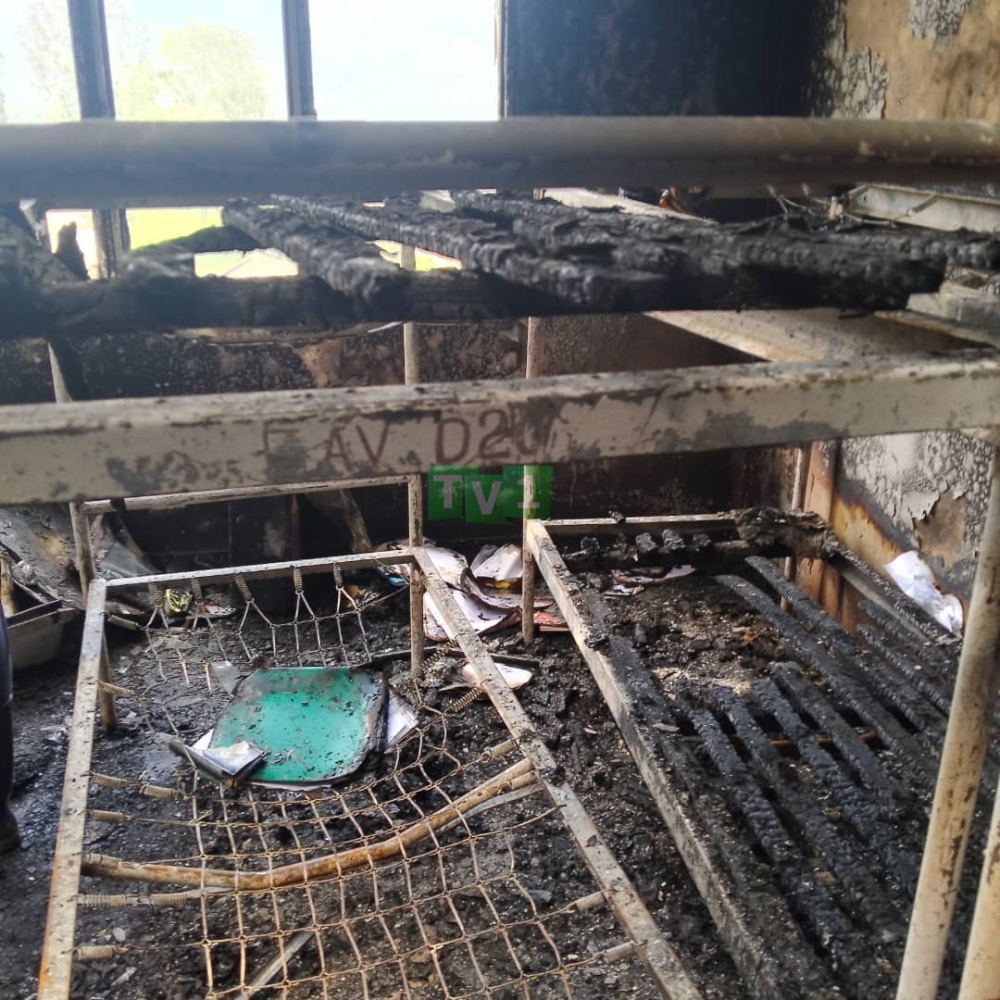 A scene of fire accident that left one student killed and another injured after the dormitory of EAV Rushashi, caught fire in the early hours of Saturday, January 20. Photo TV One Rwanda