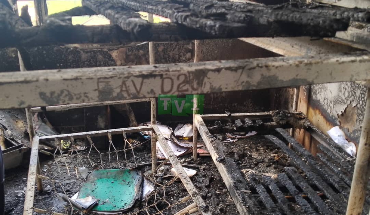 A scene of fire accident that left one student killed and another injured after the dormitory of EAV Rushashi, caught fire in the early hours of Saturday, January 20. Photo TV One Rwanda