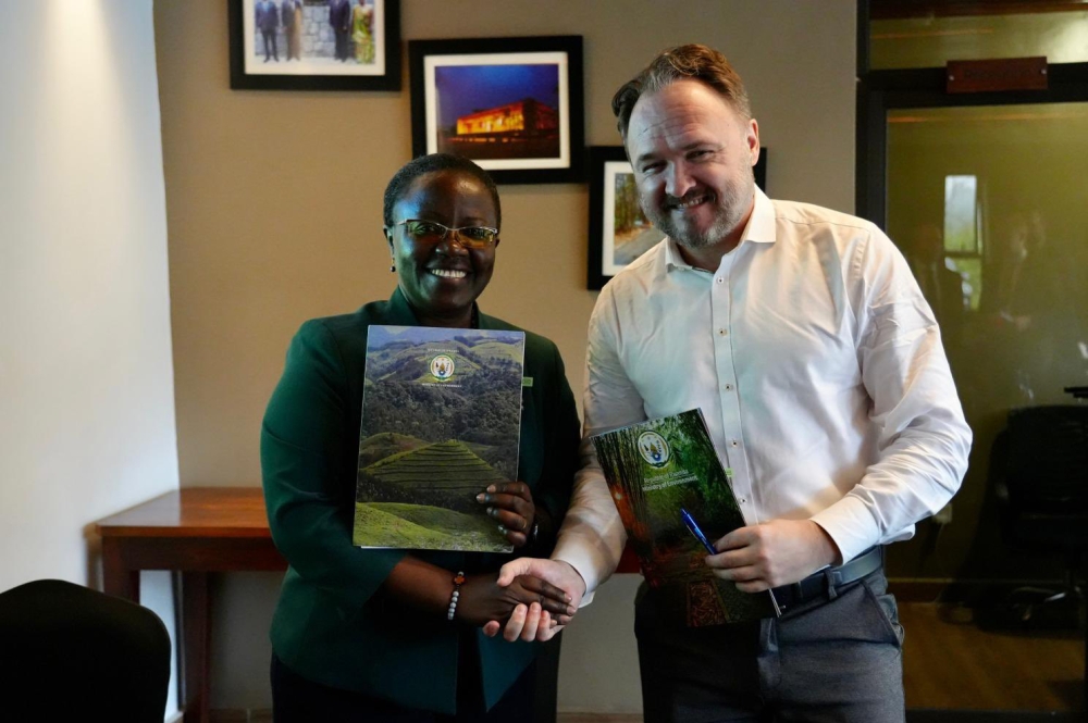 Minister of Environment Jeanne d&#039;Arc Mujawamariya and Dan Jørgensen, Denmark&#039;s Minister for Development Cooperation and Global Climate Policy during the signing of a cooperation MoU in Kigali on January 21.