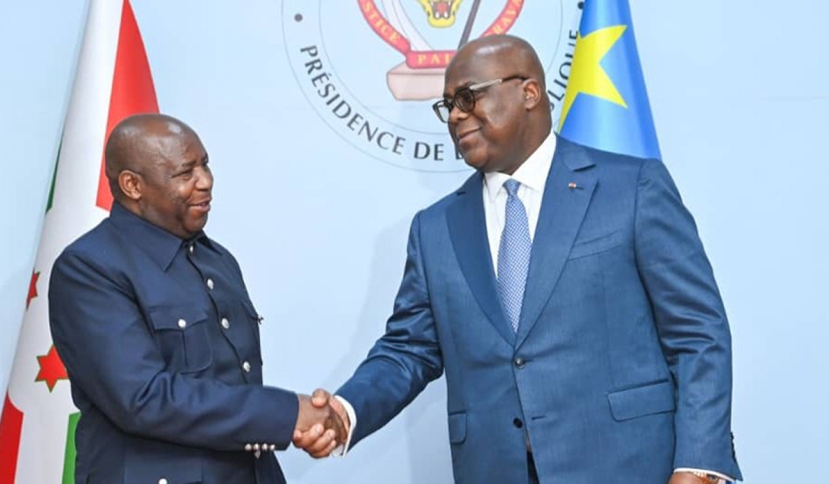 Burundi’s President Evariste Ndayishimiye shakes hands with DR Congo&#039;s President Félix Tshisekedi in Kinshasa on Saturday. COURTESY