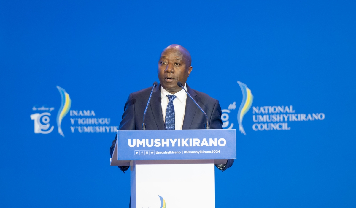 Prime Minister Edouard Ngirente  presenting key achievements registered under Rwanda’s seven-year government programme during Umushyikirano on Tuesday, January 23. Courtesy