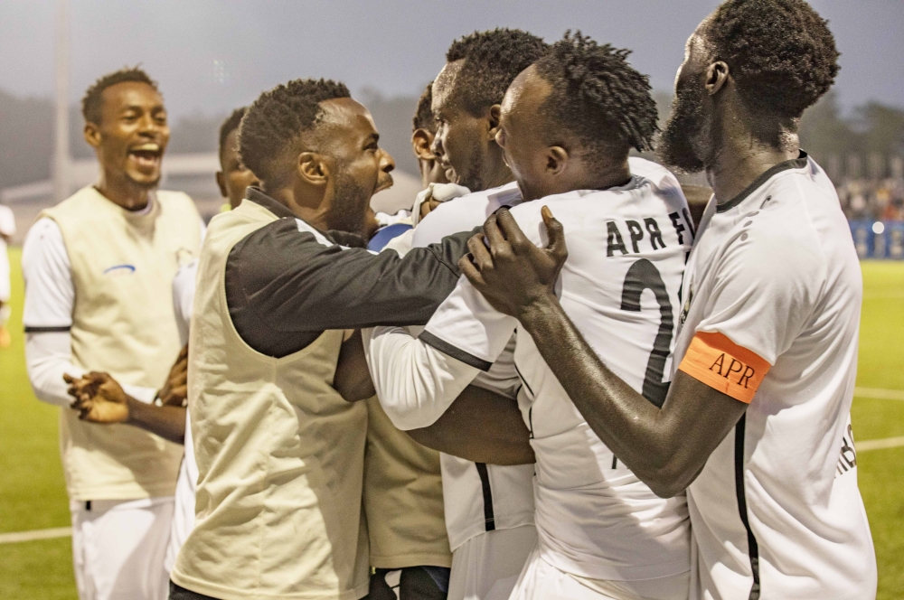 APR FC  players celebrate a goal during  a 1-1 draw against AS Kigali during the second leg game at Kigali Pele Stadium on Wednesday, January 24. Photo by Emmauel Dushimimana