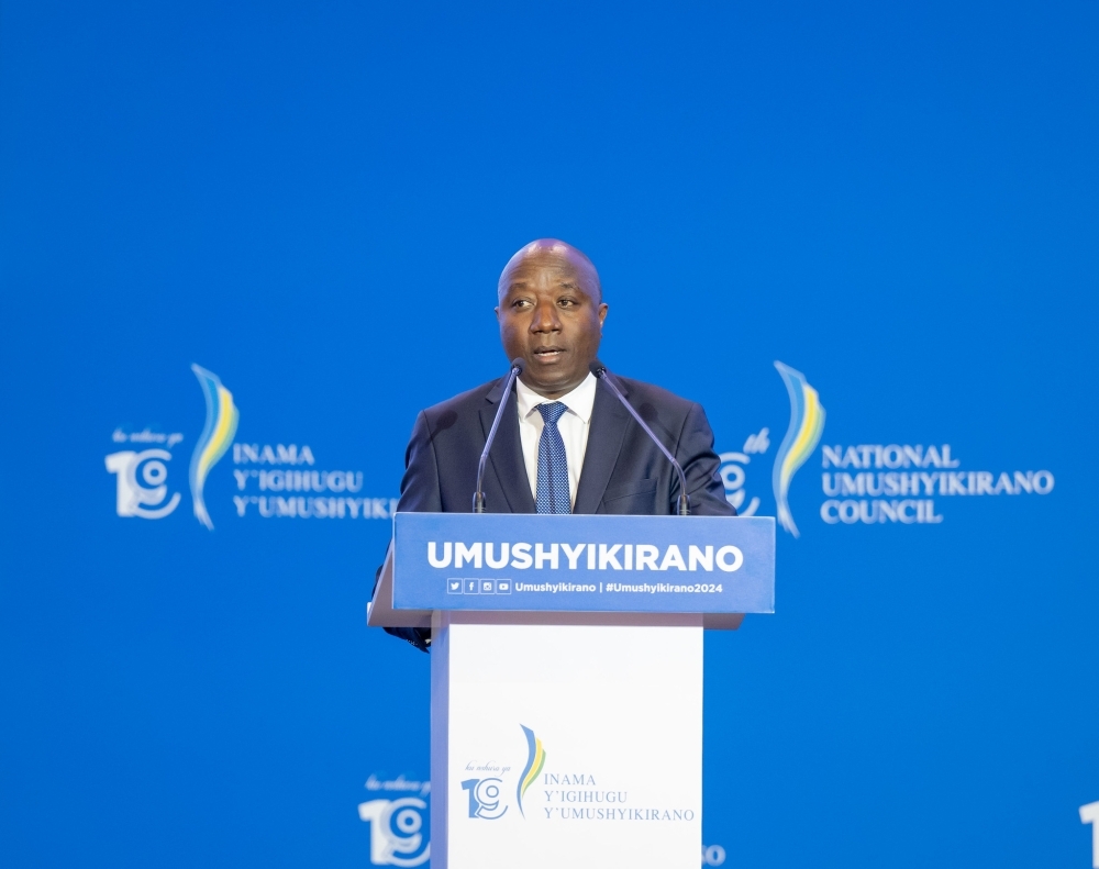 Prime Minister Edouard Ngirente presenting key achievements registered under Rwanda’s seven-year government programme during Umushyikirano on Tuesday, January 23. Courtesy.