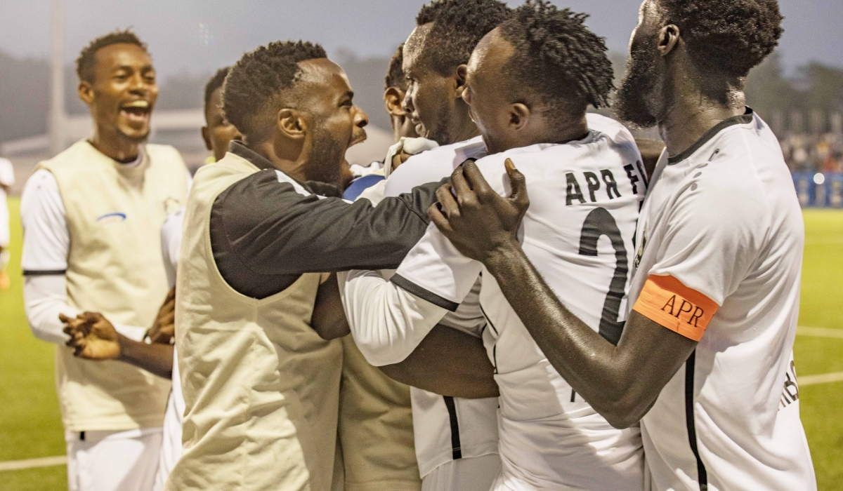 APR FC  players celebrate a goal during  a 1-1 draw against AS Kigali during the second leg game at Kigali Pele Stadium on Wednesday, January 24. Photo by Emmauel Dushimimana