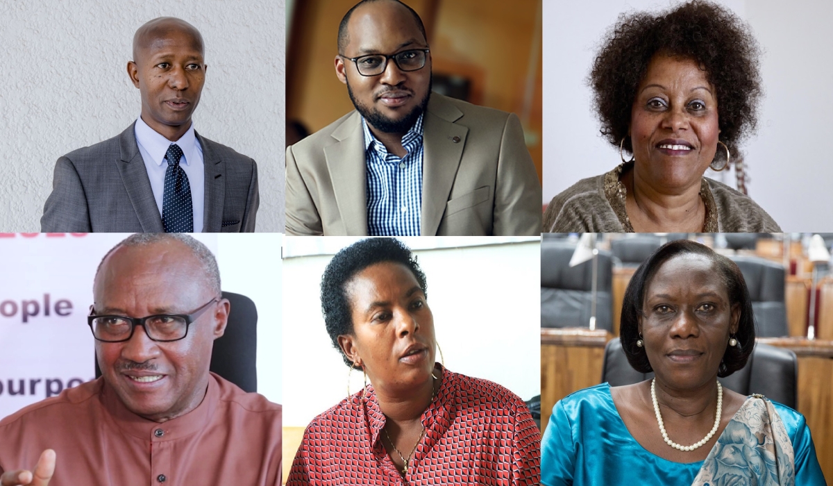(TOP, L-R) Sheikh Mussa Fazil Harerimana, Chair, PDI; Dr Joseph Ryarasa, Chairperson, Rwanda Civil Society Platform and Executive Director of Never Again Rwanda; Mary Barikungeri, Founder and Director of Rwanda Women’s Network; (BOTTOM, L-R) Protais Musoni, Chairperson, Pan-African Movement Rwanda Chapter; and Christine Mukabunani, Chairperson, PS-Imberakuri, and Dr  Alvera Mukabaramba, Chairperson, PPC.