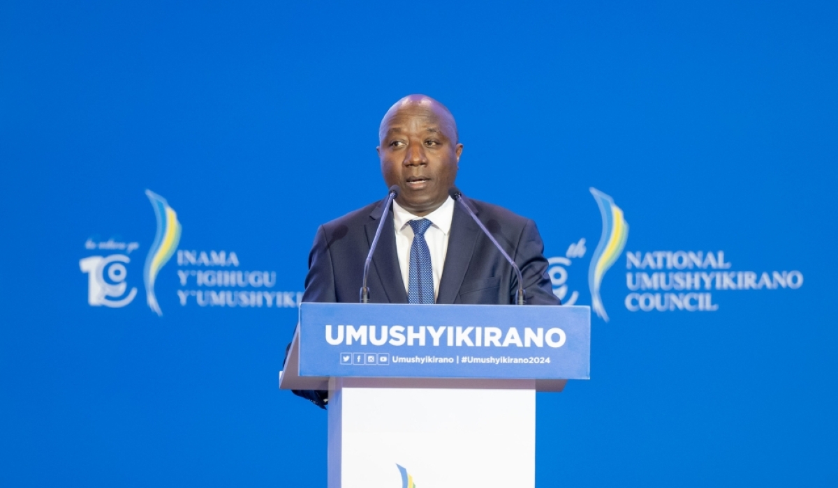 Prime Minister Edouard Ngirente presenting key achievements registered under Rwanda’s seven-year government programme during Umushyikirano on Tuesday, January 23. Courtesy.