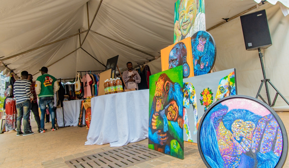 Some of the art pieces on display at the ongoing Kigali Youth Festival exhibition at Kigali Car Free Zone known as Imbuga on Wednesday, January 24.